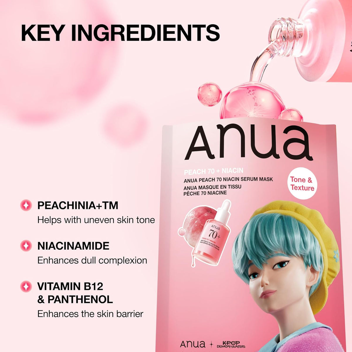 Riboto leidimo skaistinamoji lakštinė veido kaukė "K-Pop Demon Hunters Peach 70 Niacin Serum Mask"
