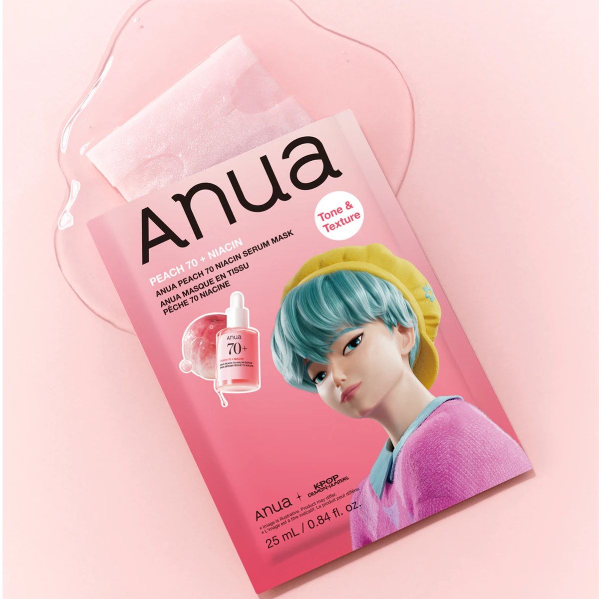 Riboto leidimo skaistinamoji lakštinė veido kaukė "K-Pop Demon Hunters Peach 70 Niacin Serum Mask"